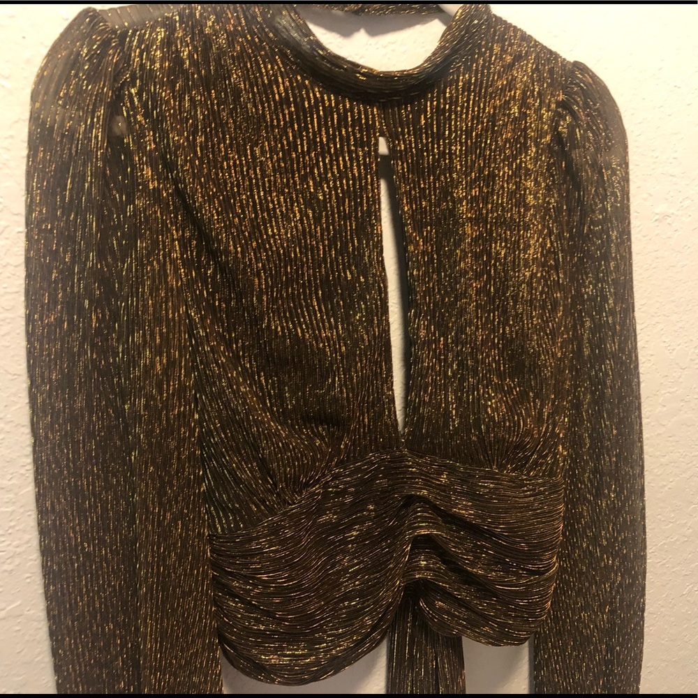 Mock- neck, open-back Holiday Blouse